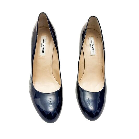 LK Bennett London Navy Blue Patent Leather Stiletto Heel Round Toe Pump Size 38 - Picture 1 of 6